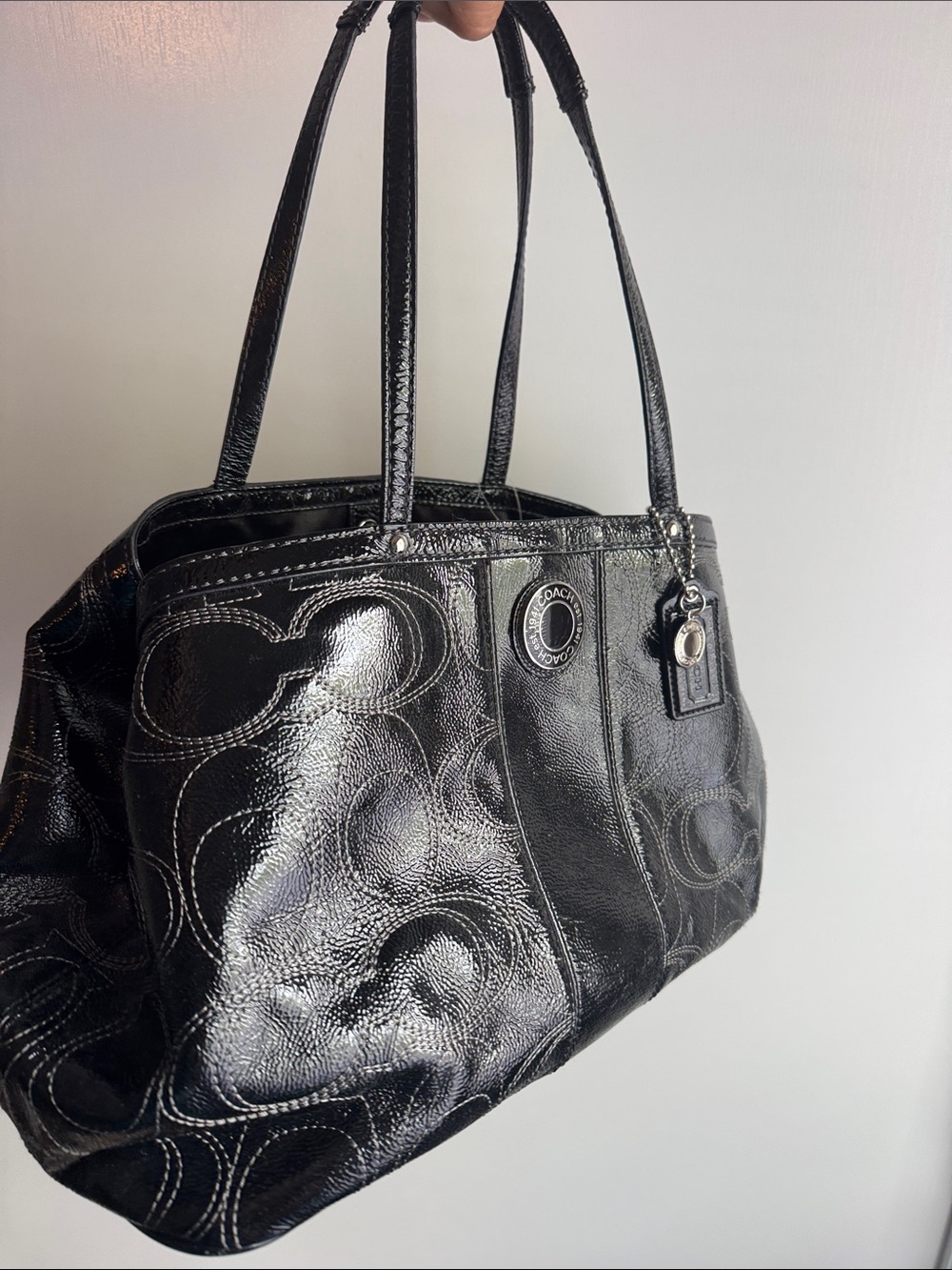 Coach Black Patent Leather Shoulder Bag with Signature Stitching